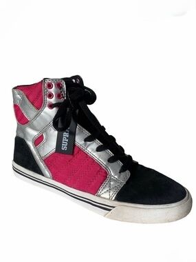 Supra Muska 001 High Top Skater Shoe Sneaker Leather Suede Pink Silver Black 9